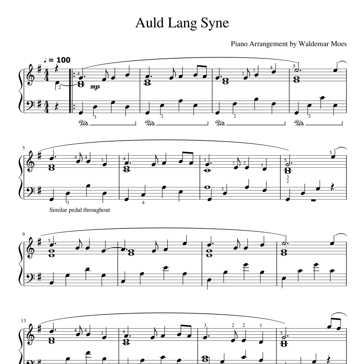 Sheet Music - Auld Lang Syne (Piano Arrangement by Waldemar Moes)