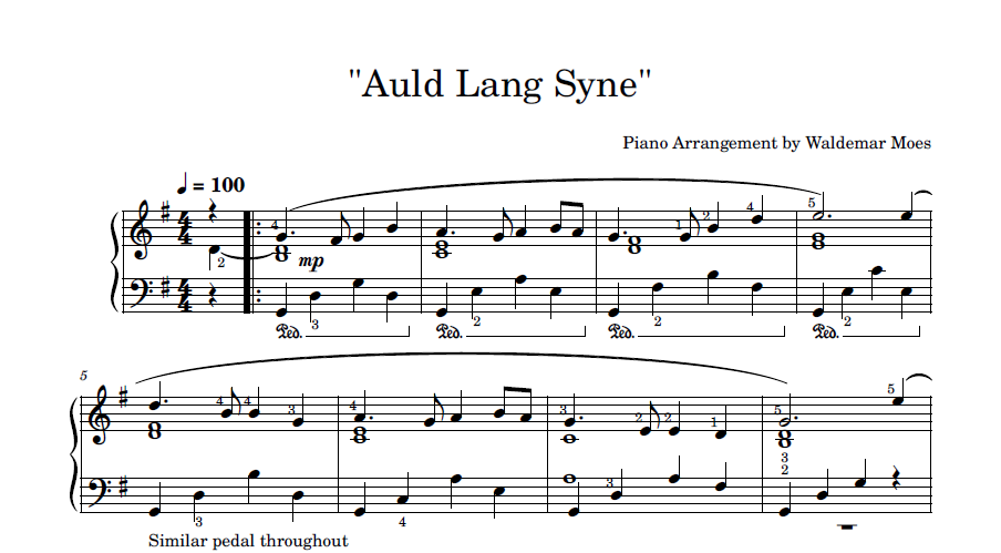 Sheet Music - Auld Lang Syne (Piano Arrangement by Waldemar Moes)